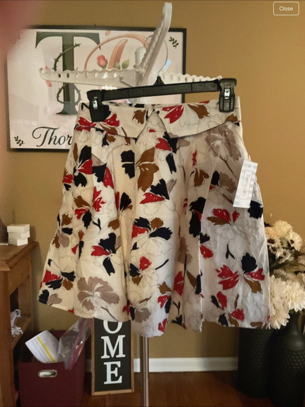Floral A-Line Skirt in Cream with Red, Navy & Brown Accents
